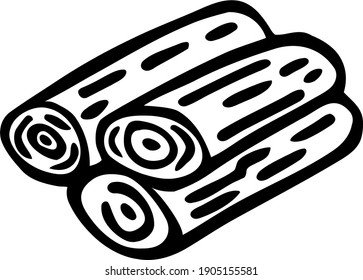 Stack of three logs. Hand-drawn black and white doodle with lumber. Cartoon picture for children. Forest vector  illustration. Clipart of construction  and camping themes.