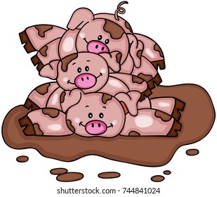 Stack of three piggies in a mud puddle
