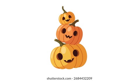 A stack of three pumpkins with happy faces.