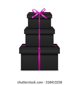 Stack of three realistic black gift boxes with pink ribbon and bow isolated on white background. Vector EPS10 illustration. 