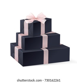 Stack of three realistic black gift boxes with pink ribbon and bow. Isolated on white background. Vector illustration. White blank wrapping paper for your pattern design. Mock up. Christmas gifts.