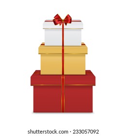 Stack of three realistic colorful red white and gold gift boxes with red ribbon and bow isolated on white background