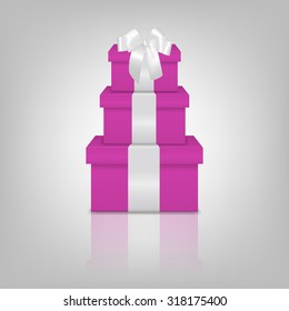 Stack of three realistic pink gift boxes with white ribbon and bow on gray background with reflection. Vector EPS10 illustration. 
