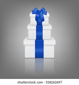 Stack of three realistic white gift boxes with blue ribbon and bow on gray background with reflection. Vector EPS10 illustration. 