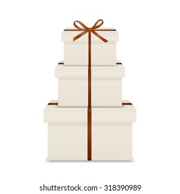 Stack of three realistic white gift boxes with brown ribbon and bow isolated on white background. Vector EPS10 illustration. 