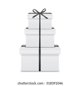 Stack of three realistic white gift boxes with black ribbon and bow isolated on white background. Vector EPS10 illustration. 
