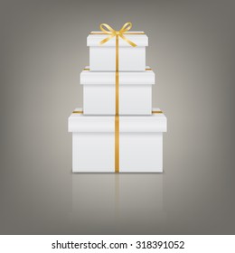 Stack of three realistic white gift boxes with golden ribbon and bow on gray background with reflection. Vector EPS10 illustration. 