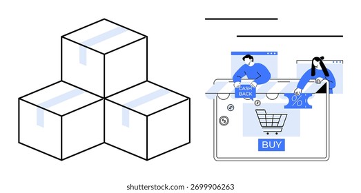 Pilha de três caixas seladas ao lado de uma interface de compras on-line, incluindo cashback e ofertas de desconto. Ideal para comércio eletrônico, serviços de entrega, varejo on-line, logística, marketing, compras