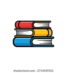 Pila de tres libros coloridos vibrantes de la historieta para la educación, el conocimiento, el aprendizaje escolar