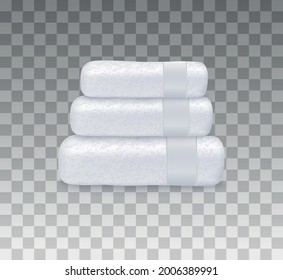 Stack of three white folded fluffy terry bath towels. Soft textile for beach or kitchen or hygiene in bathroom hotel or home. Vector 3d realistic isolated illustration.