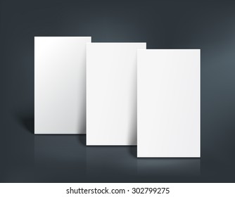 Stack of three white paper sheets for booklet, business card design or flyer mock up template on black vector background