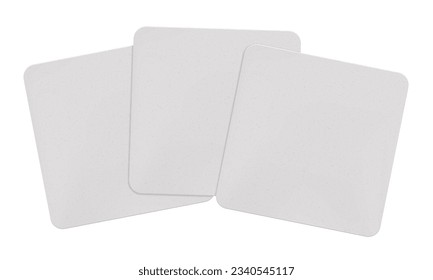 A stack of three white square beer coasters mockup. Blank sample bierdeckels with rounded corners isolated from the background. Cardboard pieces for branding to put under a hot cup or a wet glass. svg