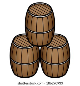 A stack of three wooden barrels.