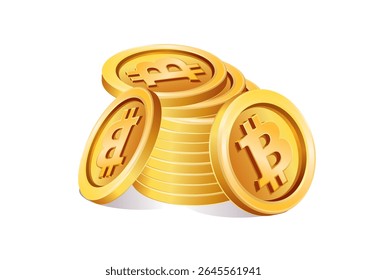 Stack of three-dimensional golden Bitcoin coins symbolizing cryptocurrency wealth, investment, and financial growth
