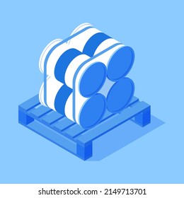 Pila de barriles metálicos atados en pallet de madera para la entrega de carga industrial ilustración vectorial isométrica. Transporte comercial de importación de gasolina de gasolina de gasolina de combustible de contenedores químicos de papel