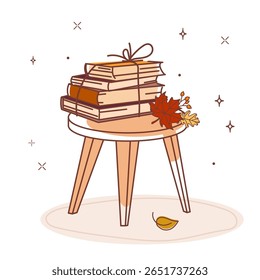 Stack of tied vintage books on a wooden stool with autumn leaves and stars, perfect for seasonal decor, cozy reading themes, editorial design, or fall themed content. Vector illustration