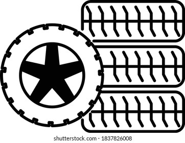 Stack of Tire along with Alloy rim Concept Vector Glyph Icon design, Motor Vehicle Service and tyre repair shop Symbol on White background