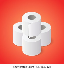 Stack Of Toilet Paper Rolls On Red Background. Isometric Vector Illustration