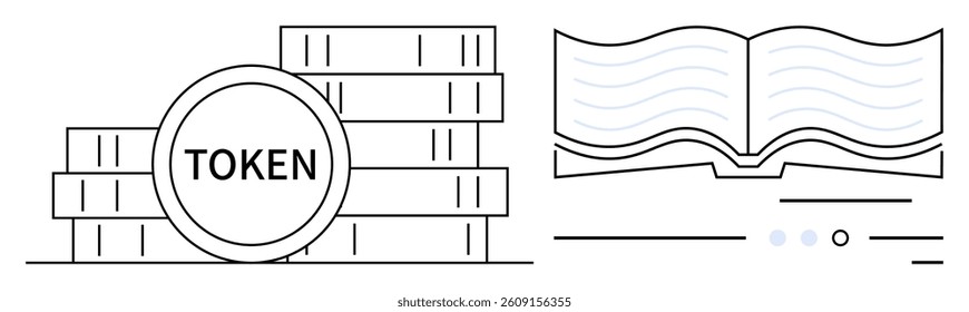 Stack of TOKEN-labeled coins next to an open book with lines representing text. Ideal for blockchain learning, cryptocurrency education, financial literacy, digital currency strategies, e-learning