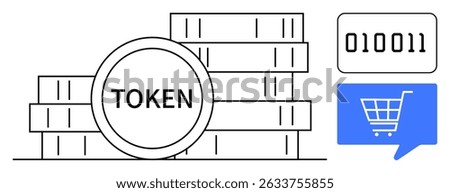 Stack of tokens labeled TOKEN, binary code 010011 in a speech bubble, blue speech bubble with shopping cart. Ideal for cryptocurrency, e-commerce, digital finance, blockchain, online payments, ICOs