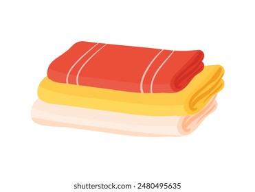 Stack of towels, red, yellow and white terry, microfiber or cotton folded napkins in pile vector illustration