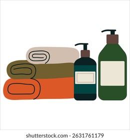 Pilha de toalhas com shampoo, condicionador e gel.Hygiene produtos para uso do banheiro ou hotel. Inclui toalhas de terry, simbolizando a pureza. Ilustração vetorial.
