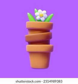 Stack tower of clay flower pots, flower grows in the top. 3D vector