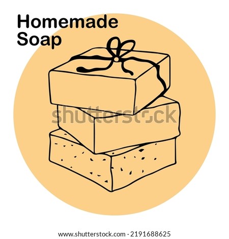 stack, tower of homemade soap pieces packed in jute rope. organic handmade soap close-up. Natural soap making. one doodle element. Production of home cosmetics from natural ingredients.
