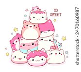 Stack of traditional Chinese animal-shaped mantou buns. Cute cat-shaped dessert in kawaii style. Inscription So sweet. Can be used for t-shirt print, sticker, greeting card. Vector illustration EPS8