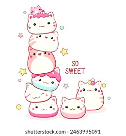 Stack of traditional Chinese animal-shaped mantou buns. Cute cat-shaped dessert in kawaii style. Inscription So sweet. Can be used for t-shirt print, sticker, greeting card. Vector illustration EPS8