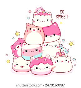 Pila de bollos de mantou chinos tradicionales en forma de animal. Bonito postre en forma de gato al estilo kawaii. Inscripción Tan dulce. Se puede utilizar para la impresión de la camiseta, etiqueta engomada, tarjeta de felicitación. Ilustración vectorial EPS8