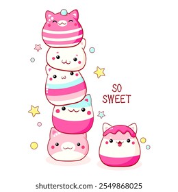 Pila de bollos tradicionales chinos de mantou en forma de animal. Lindo postre en forma de gato en estilo kawaii. Inscripción Tan dulce. Puede ser utilizado para la impresión de la camiseta, etiqueta engomada, tarjeta de felicitación. Ilustración vectorial EPS8