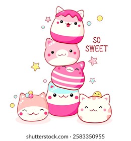 Stack of traditional Chinese animal-shaped mantou buns. Cute cat-shaped dessert in kawaii style. Inscription So sweet. Can be used for t-shirt print, sticker, greeting card. Vector illustration EPS8