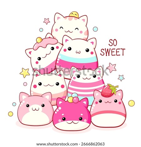 Stack of traditional Chinese animal-shaped mantou buns. Cute cat-shaped dessert in kawaii style. Inscription So sweet. Can be used for t-shirt print, sticker, greeting card. Vector illustration EPS8