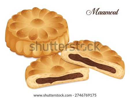 A stack of traditional Middle Eastern Maamoul (or Mamoul) semolina cookies stuffed with date paste, showing a cross-section of the filling. Popular celebratory dessert for Islamic Eid, Christian Easter, and Jewish Purim