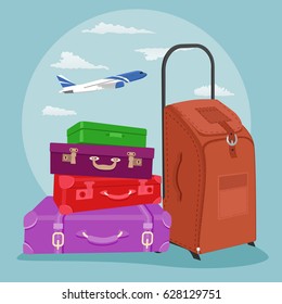 Stack of traveling luggage with suitcase over airplane in sky