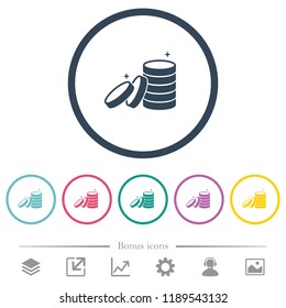 Stack of treasure flat color icons in round outlines. 6 bonus icons included.
