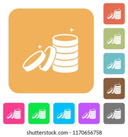 Stack of treasure flat icons on rounded square vivid color backgrounds.