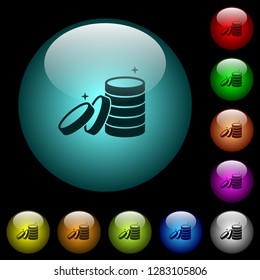 Stack of treasure icons in color illuminated spherical glass buttons on black background. Can be used to black or dark templates