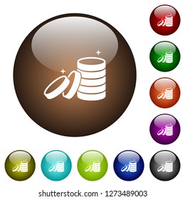 Stack of treasure white icons on round color glass buttons