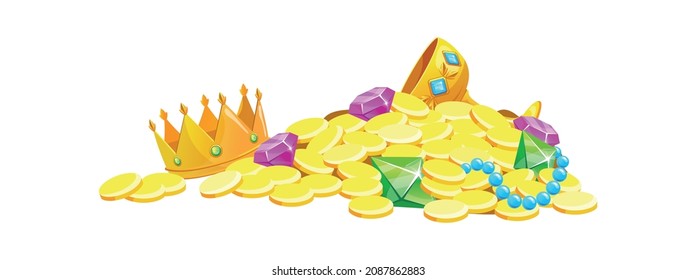 Stack Treasures. Diamonds royale riches from trunk, symbol money, cartoon vector isolated on white background