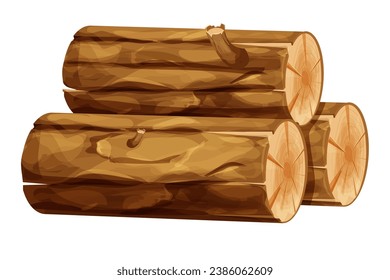 Stack Tree log, wood, forest trunk pile in cartoon style isolated on white background. Piece or section. Detailed and textured ibject.