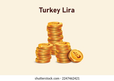 Stack of Turkey Lira gold coins. Realistic 3D gold coins. Ecommerce free credit concept.