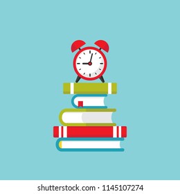 stack of turquoise books with red alarm clock.  Isolated on powder blue background. Flat reading icon. Vector illustration. Education, learning logo. Knowledge pictogram. Time to study.