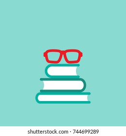 stack of turquoise books with red glasses.  Isolated on powder blue background. Flat reading icon. Vector illustration. Education logo. Knowledge pictogram.