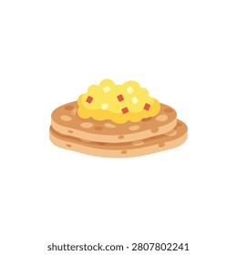 A stack of two golden brown pancakes topped with fluffy scrambled eggs and diced red bell peppers. Isolated on white background.