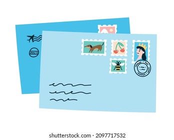 Stack of two letters with colorful stamps. Vector illustration of mail from a pen pal in trendy flat style.