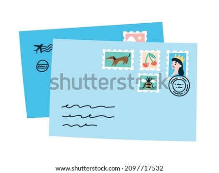 Stack of two letters with colorful stamps. Vector illustration of mail from a pen pal in trendy flat style. Imagine de stoc © 