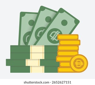 Pilha de notas de dirham dos Emirados Árabes Unidos e moedas de ouro em estilo vetor plano, ideal para design de investimento financeiro, econômico e do Oriente Médio em plano de fundo sólido