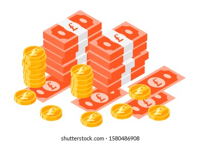 Stack of UK Pound Sterling GBP paper money and gold coin vector illustration and design. United Kingdom currency and Payment instrument element. Can be used for web,mobile, infographic, and print.